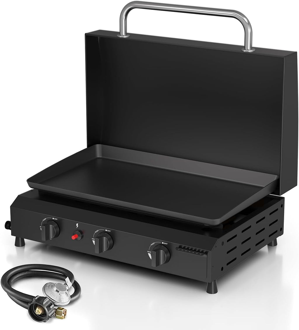 25.6'' Gas Griddle Flat Top Grill with Lid, 3-Burner Tabletop Portable Propane Griddle for Outdoor Cooking, BBQ, Camping & Tailgating Barbecue, 45,000BTU Output