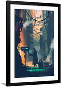 ART.COM Wall Art Print Sci-Fi Scene of Robot Using Futuristic Computer in City Street,Illustration Painting on Black Frame by Tithi Luadthong, 32' x 44'