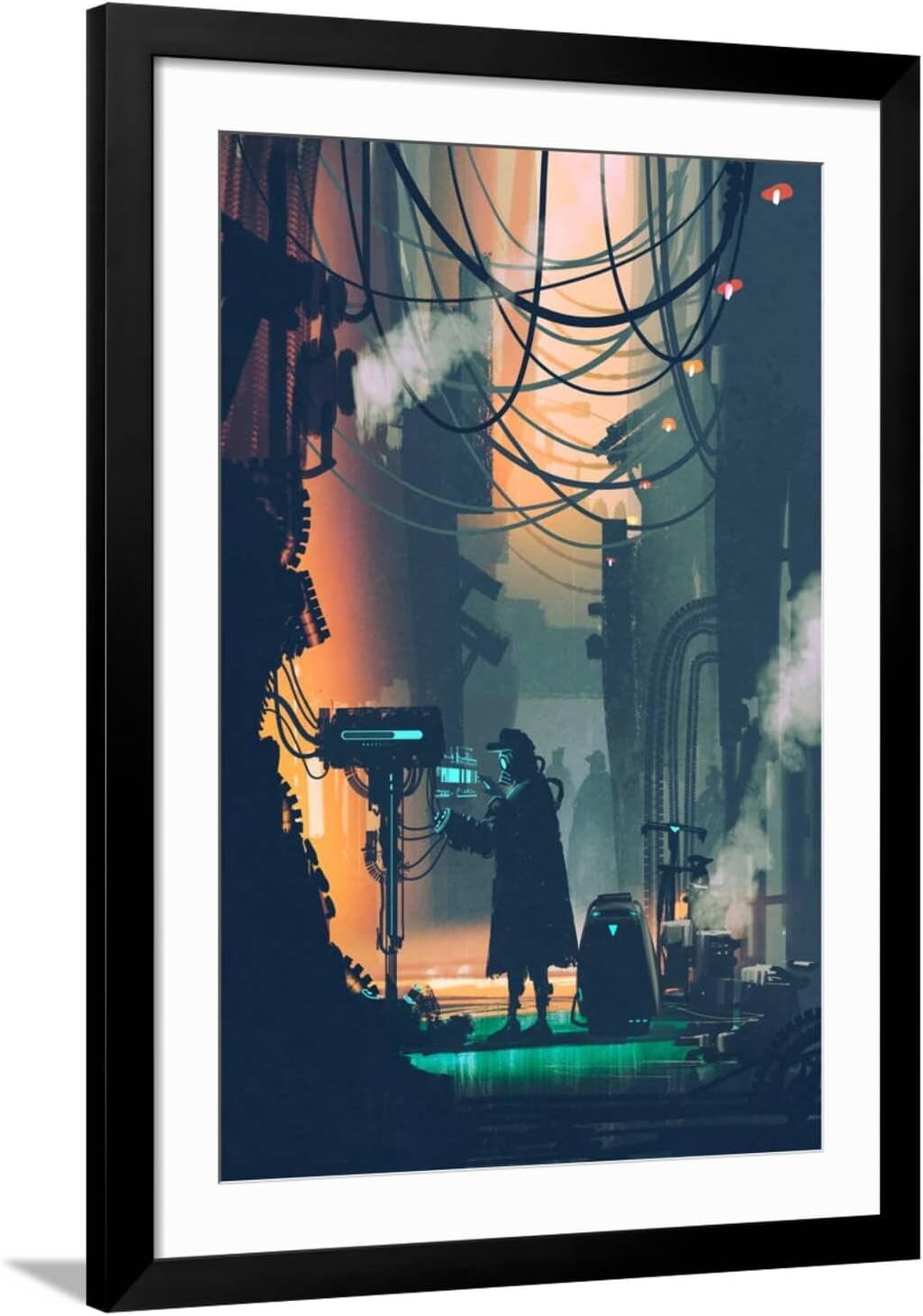 ART.COM Wall Art Print Sci-Fi Scene of Robot Using Futuristic Computer in City Street,Illustration Painting on Black Frame by Tithi Luadthong, 32' x 44'