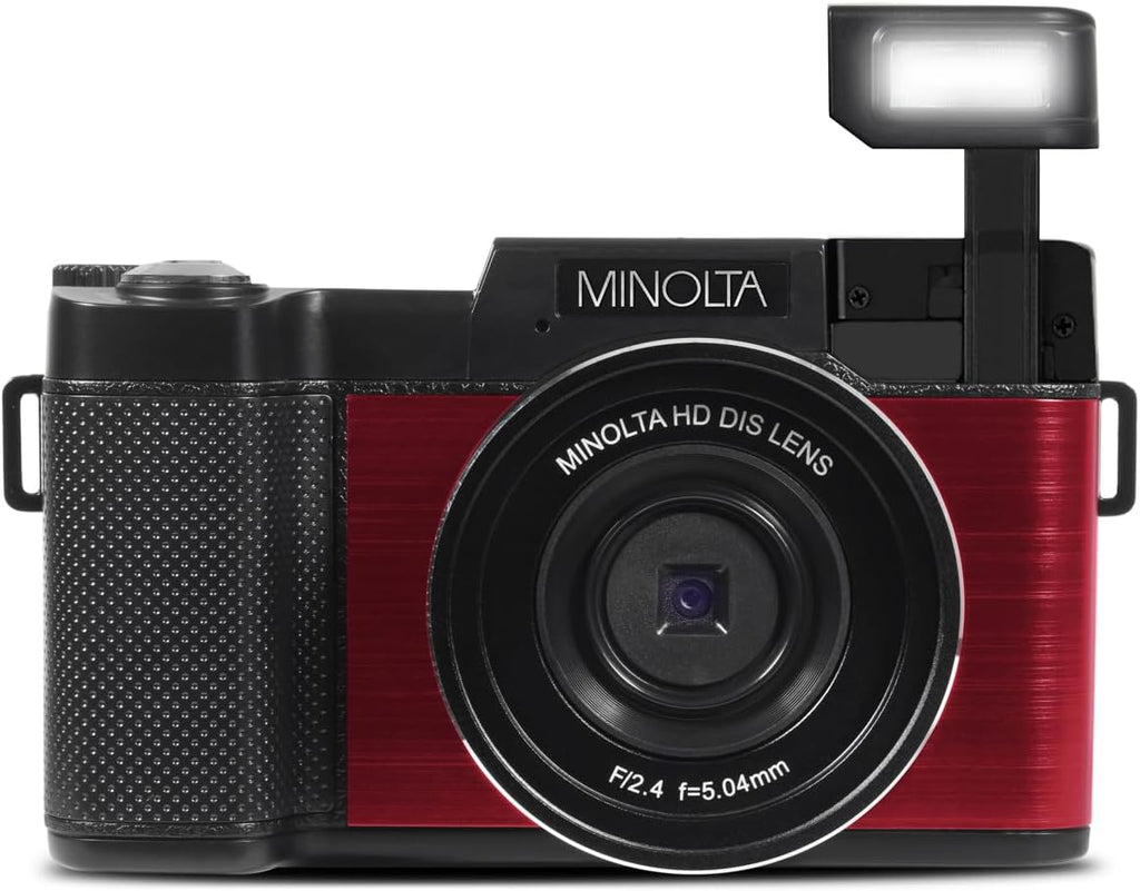 Minolta 30MP Digital Camera – 2.7K Ultra HD Video, 3-inch 180° LCD Screen, Face Detection, Anti-Shake, 9 Scene Modes, Photo Burst, Panorama, CMOS Sensor, 32GB Card (Red)