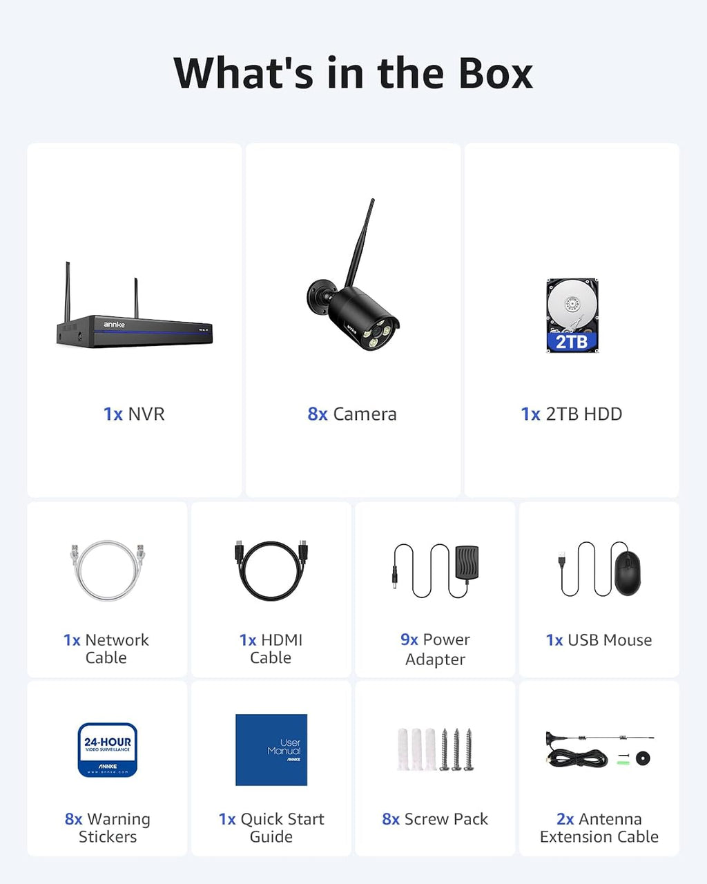 ANNKE Wireless Security Camera System-16CH Expandable 4K Security NVR, 8Pcs 2K Outdoor Cameras, 2-Way Voice, Motion Alert, Weatherproof, Mobile App-Controlled for Indoor/Outdoor Use, 1TB