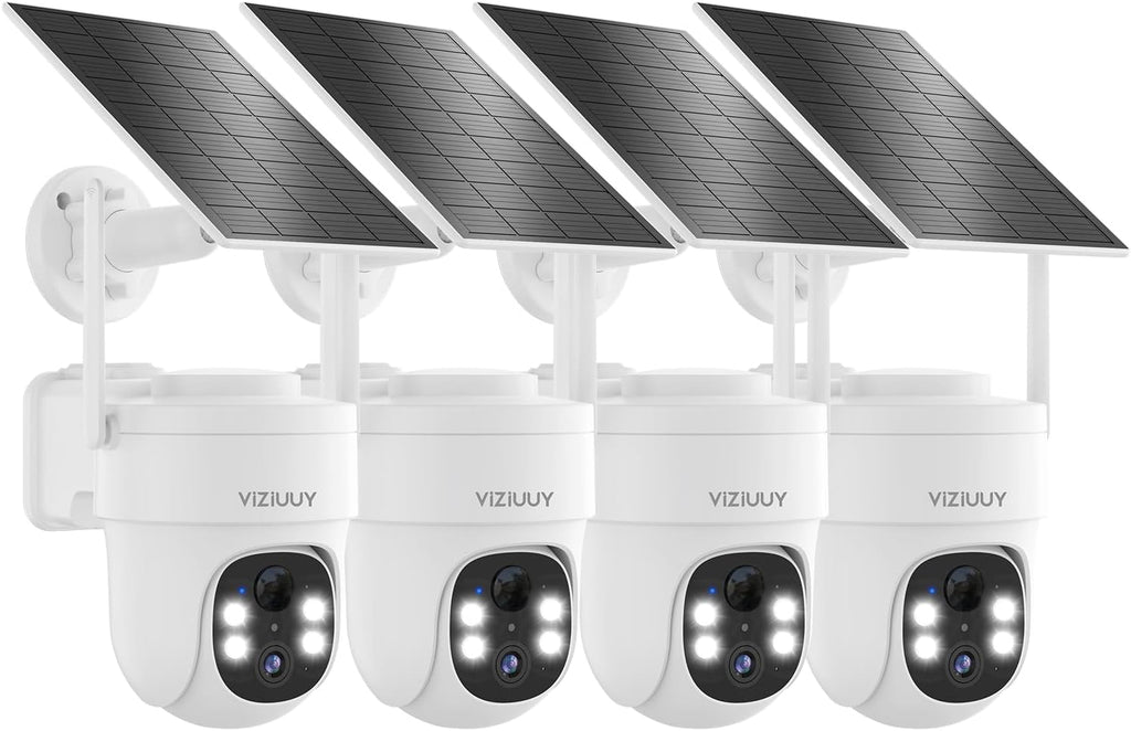 VIZIUUY Solar Security Cameras Wireless Outdoor 4 Pack, 3MP Security Cameras Wireless Outdoor, Pan Tilt 360°WiFi Camera with Color Night Vision/PIR Sensor/2-Way Audio/Alexa