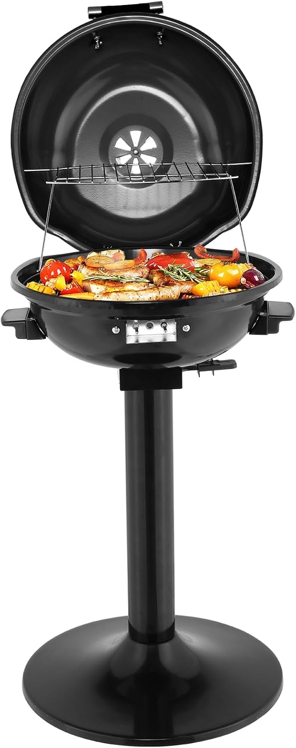 Electric BBQ Grill with Stand, 1600W Portable Indoor Outdoor Electric Grill with Lid and Warming Rack, Double Layer Design, Adjustable Temperature Control, Fits 10 Burgers, Backyard Cooking Black