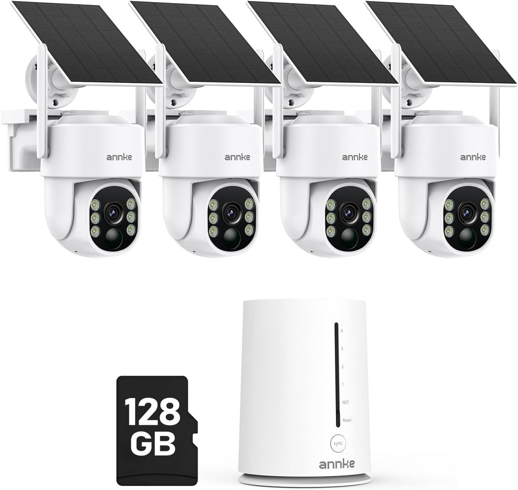 ANNKE 4MP Solar Security Cameras Wireless Outdoor, 5MP 4 Cam-Kit Home Security Camera System, 360°View, Color Night Vision, 2.4&5G WiFi, 2-Way Audio, AI Human Detection, Home Hub & 128GB Memory Card
