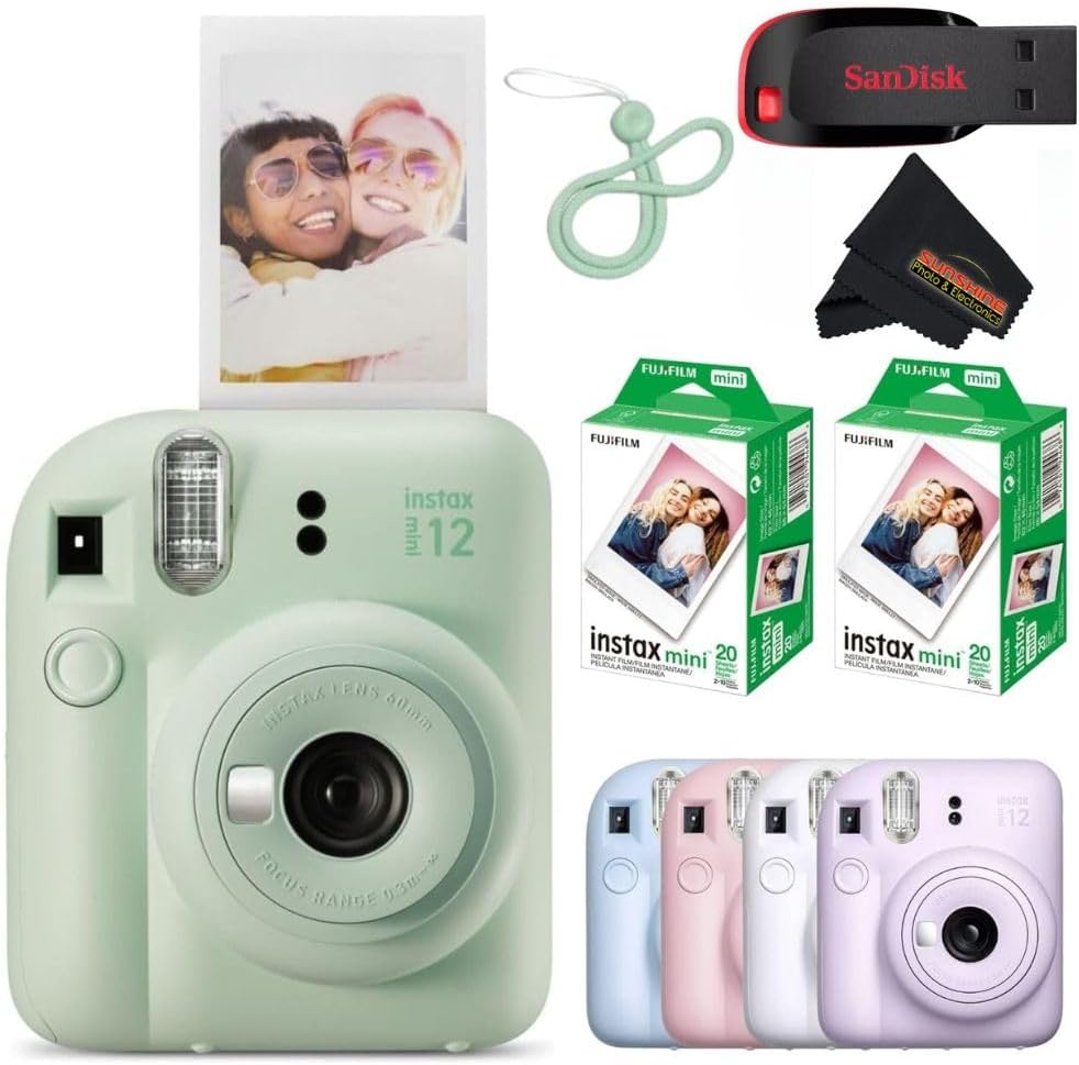 Fujifilm Instax Mini 12 Instant Camera Mint Green with Sandisk 32 GB USB Flash Drive + 40 Sheets Fujifilm Instax Mini Film and Sunshine Photo Microfiber Cleaning Cloth Bundle
