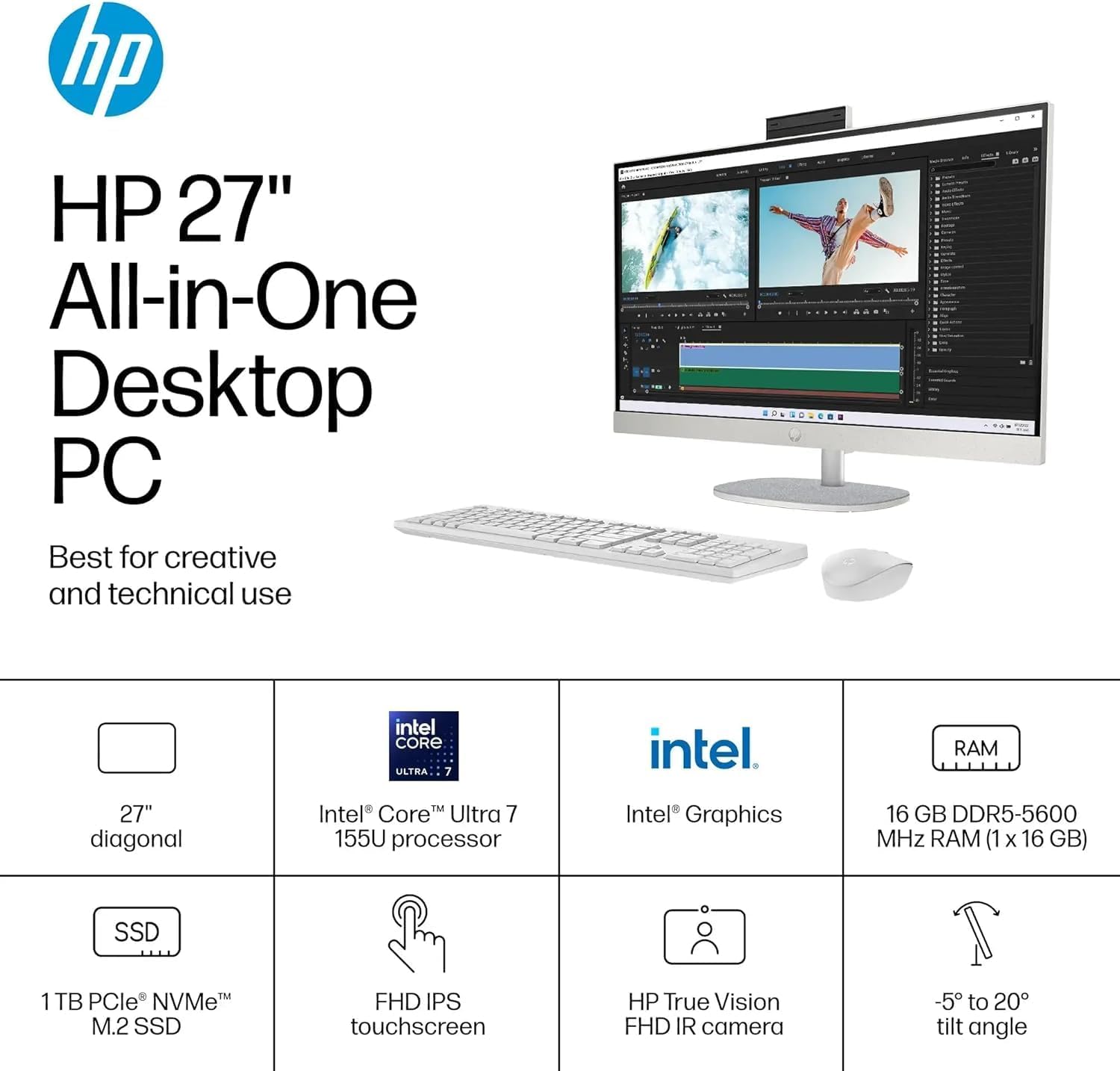 HP 27' Touchscreen AIO Desktop - FHD Anti-Glare Display, Intel Ultra 7 155U (12-Core), Height-Adjustable Stand, FHD IR Camera, Windows 11 Pro, 32GB DDR5 + 1TB SSD