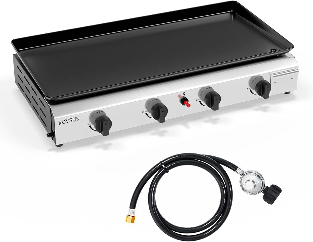 ROVSUN 4 Burner Portable Propane Griddle with Electronic Ignition & Regulator, 40,000 BTU Tabletop Flat Top Gas Grill with Nonstick Enameled Tray for Outdoor Cooking Camping BBQ Tailgating