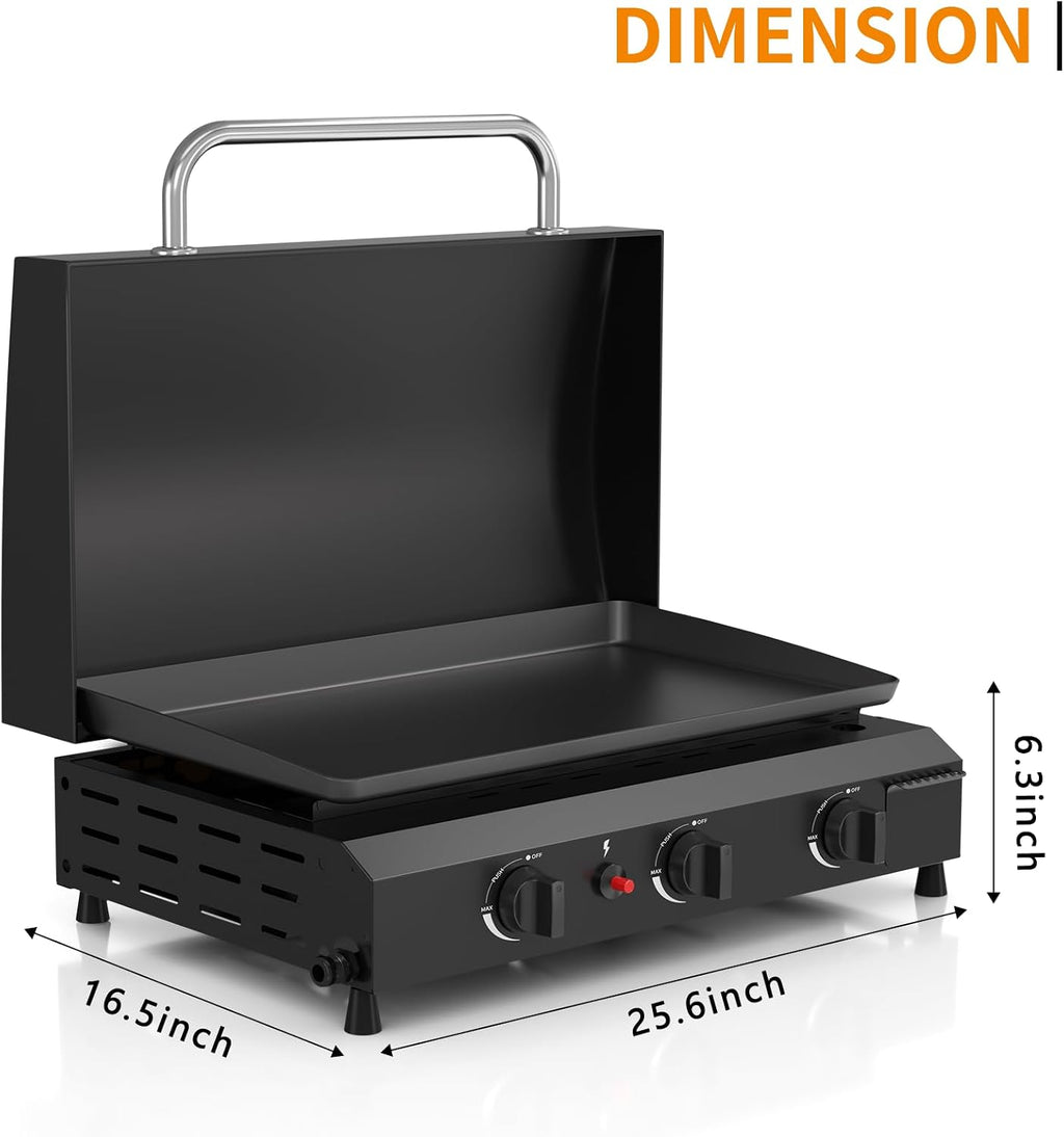 25.6'' Gas Griddle Flat Top Grill with Lid, 3-Burner Tabletop Portable Propane Griddle for Outdoor Cooking, BBQ, Camping & Tailgating Barbecue, 45,000BTU Output