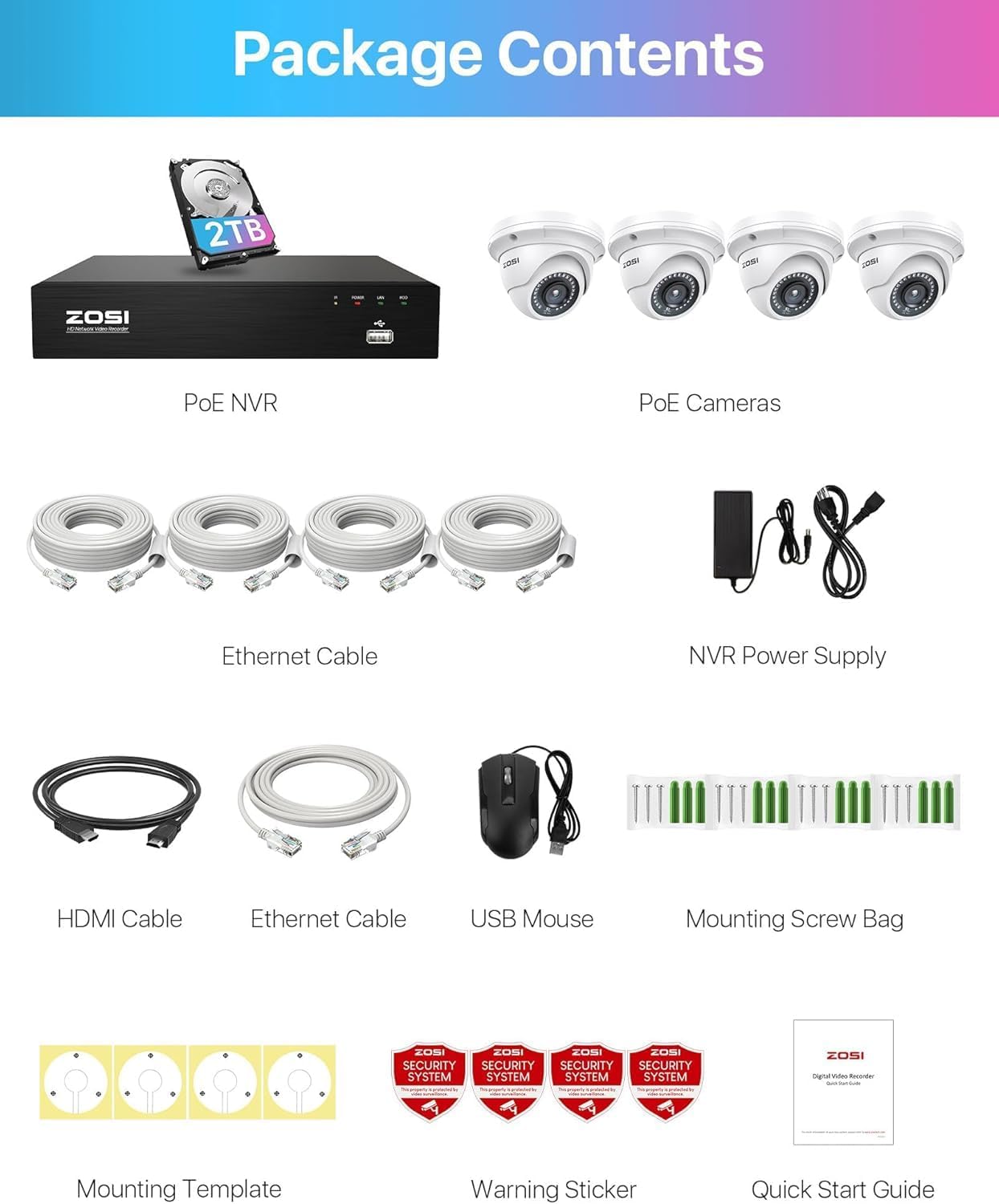 ZOSI 8CH PoE Home Security Camera System Outdoor Indoor,H.265+ 4K 8MP 8-Channel NVR System with 2TB HDD,4pcs 5MP PoE IP Surveillance Dome Cameras with 100ft Night Vision,Motion Alert,Remote Access
