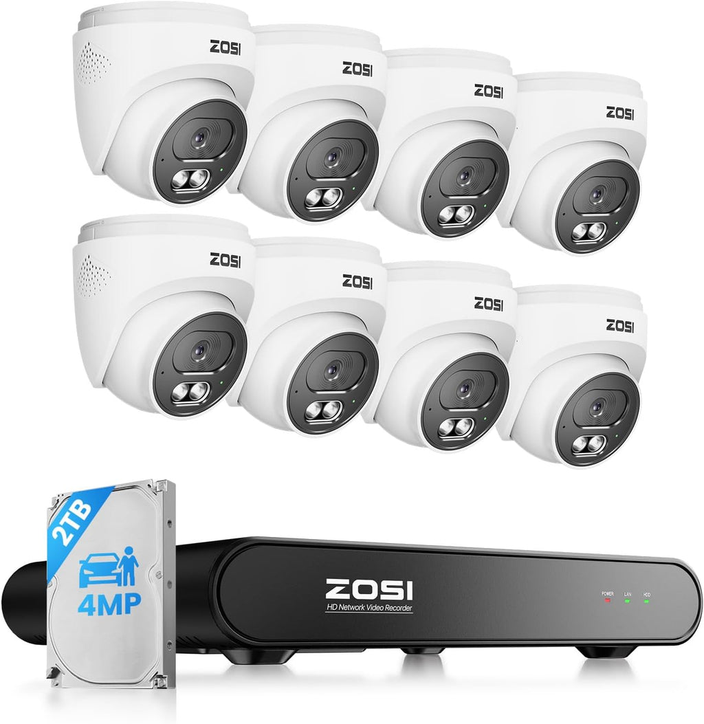 ZOSI C220 8CH 4MP QHD 2.5K PoE Home Security Camera System, 8CH 5MP 3K NVR with 2TB HDD for 24/7 Record, 8 x 4MP(1440p) Dome IP Cameras Outdoor Indoor, Smart AI Human Detection, Two-Way Audio