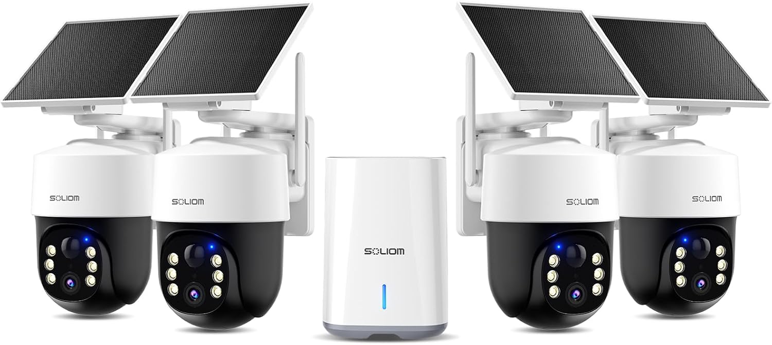 SOLIOM Security Cameras Wireless Outdoor,4K Ultra HD for Day and Night, No Subscription,Built in Radar,Solar Powered Cameras for Home Security, 360° Pan Tilt Auto Tracking,5G & 2.4G WiFi, 4-Cam Kit