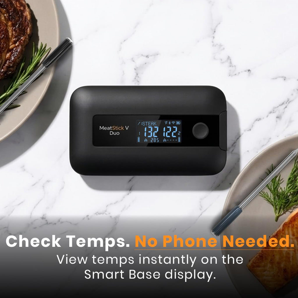 MeatStick V Duo Wireless Meat Thermometer with 2 Probes, WiFi & 900+ Ft Bluetooth, Smart Base LCD Display for Grill, Smoker, Oven, BBQ