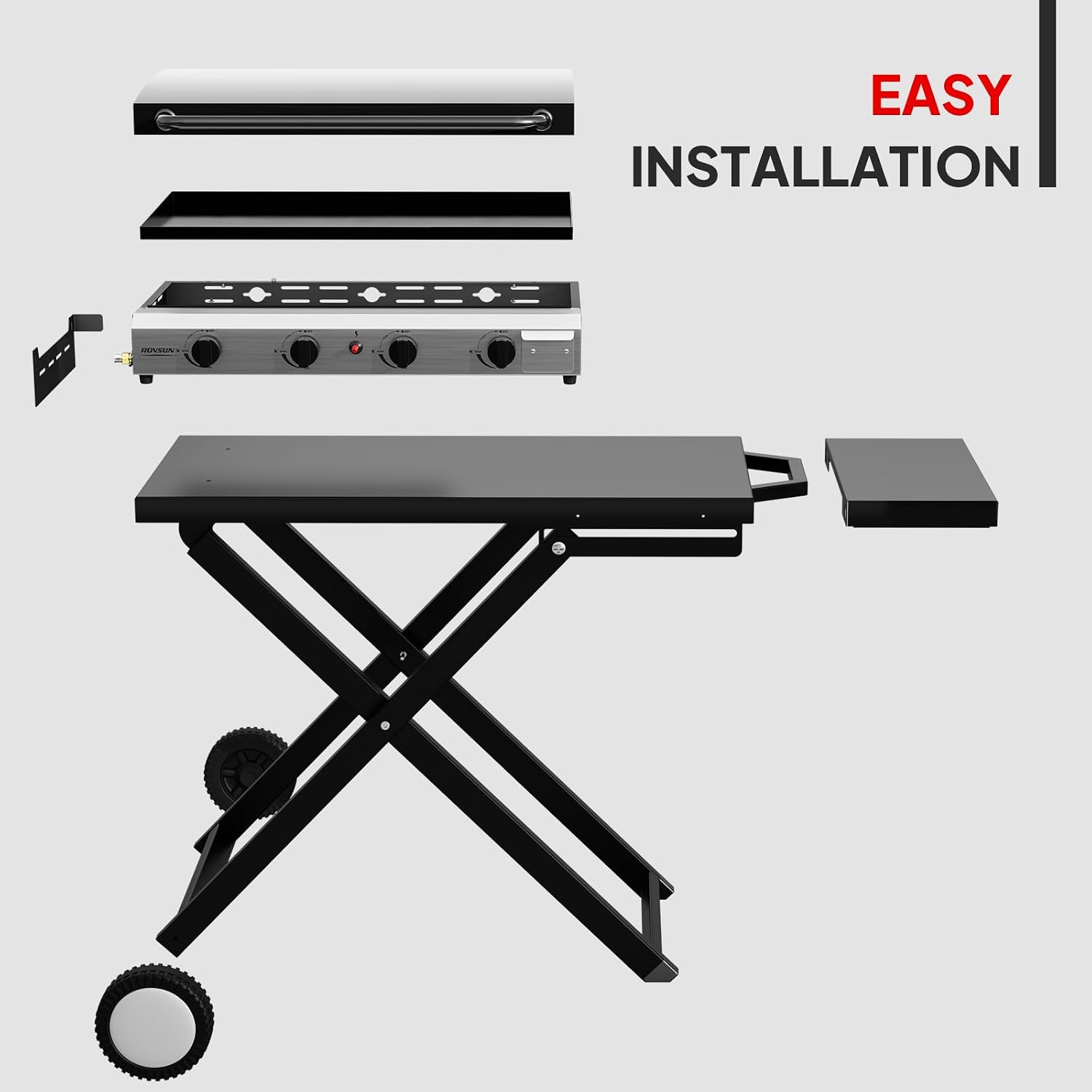 ROVSUN 40000 BTU Foldable Flat Top Gas Grill with Cart, Enameled Tray & Lid, 4 Burner Portable Rolling Propane Griddle with Electronic Ignition & Regulator for Outdoor Cooking Camping BBQ Tailgating
