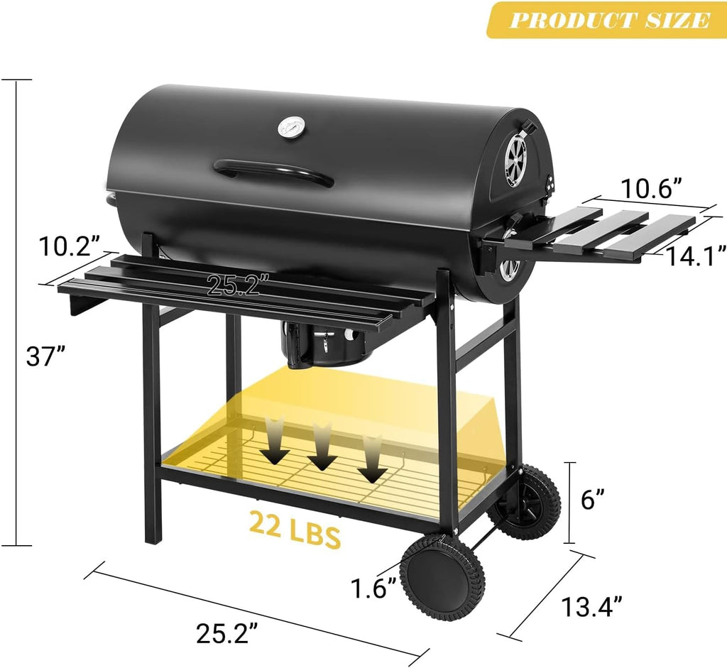 Flamaker Charcoal Grill Barrel style BBQ Charcoal Grill with Three Item Racks Thermometer Double-Layer Chrome-Plated Iron Baking Pan Ash Catcher for Camping Outdoor BBQ