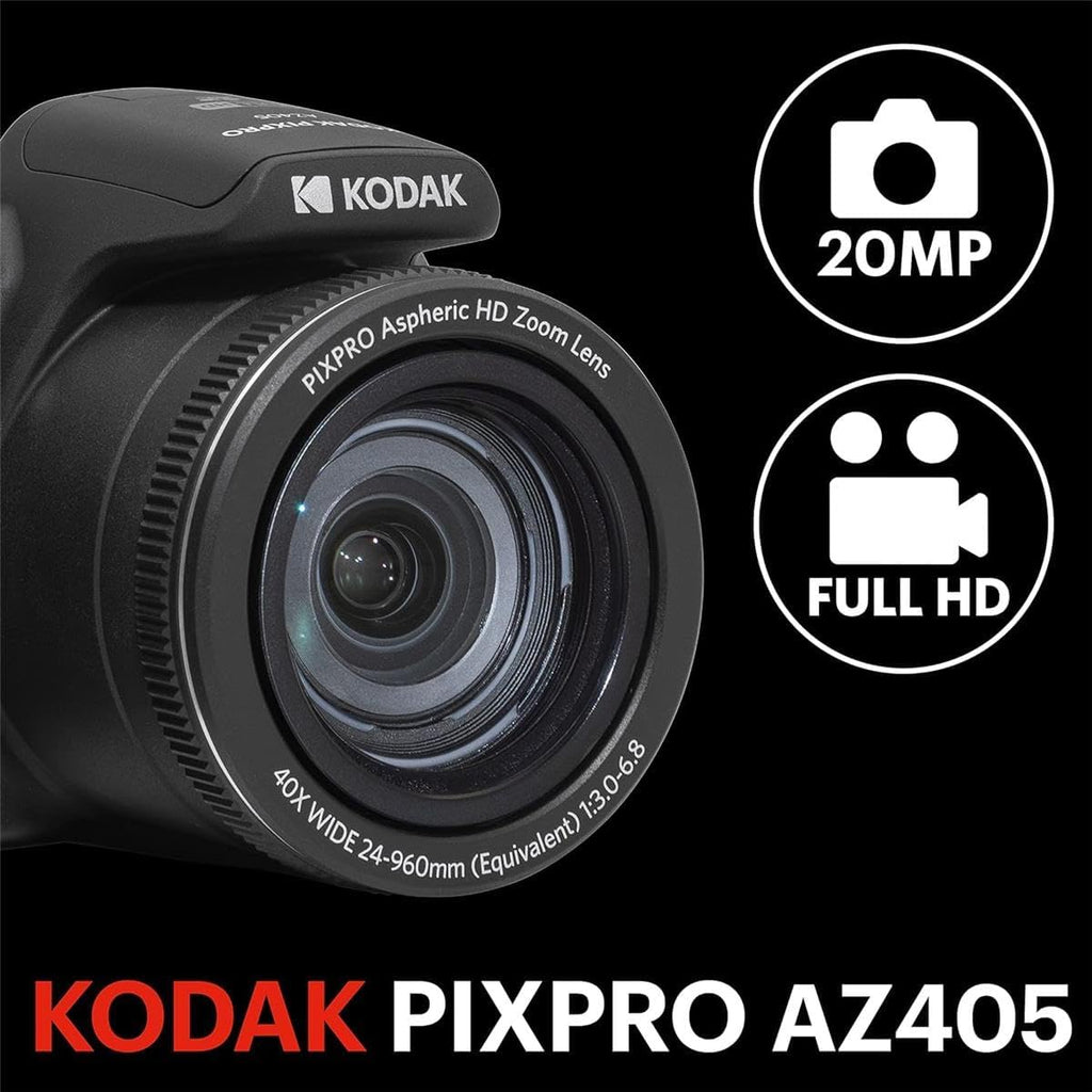 KODAK PIXPRO AZ405-BK 20MP Digital Camera 40X Optical Zoom 24mm Wide Angle Lens Optical Image Stabilization 1080P Full HD Video 3' LCD Vlogging Camera. Bundle with SD Card and Camera