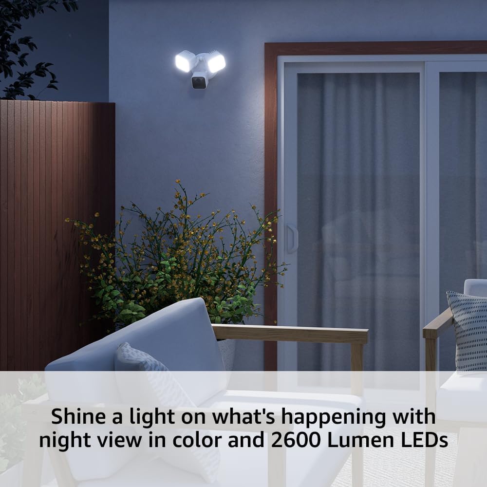 Blink Wired Floodlight Camera With 1-Year Subscription – Smart security camera, 2600 lumens, HD live view, person detection, built-in siren, Works with Alexa – 1 camera (White)