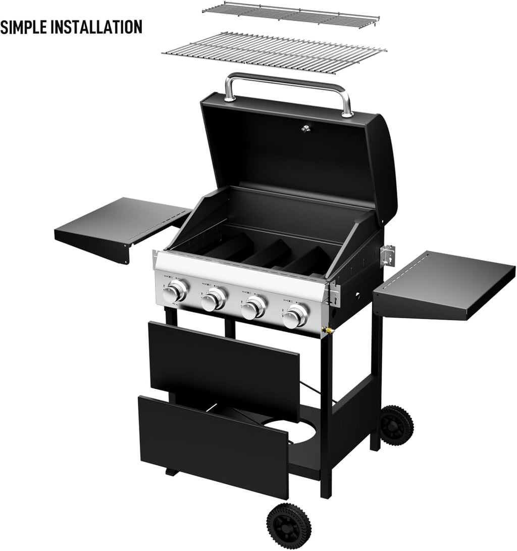 ROVSUN 4-Burner Propane Gas BBQ Grill with Foldable Side Tables & Enameled Cast Iron Grates, 40,000 BTU Barbecue Grill with Portable Wheels for Outdoor Patio Backyard Cooking Grilling, Black
