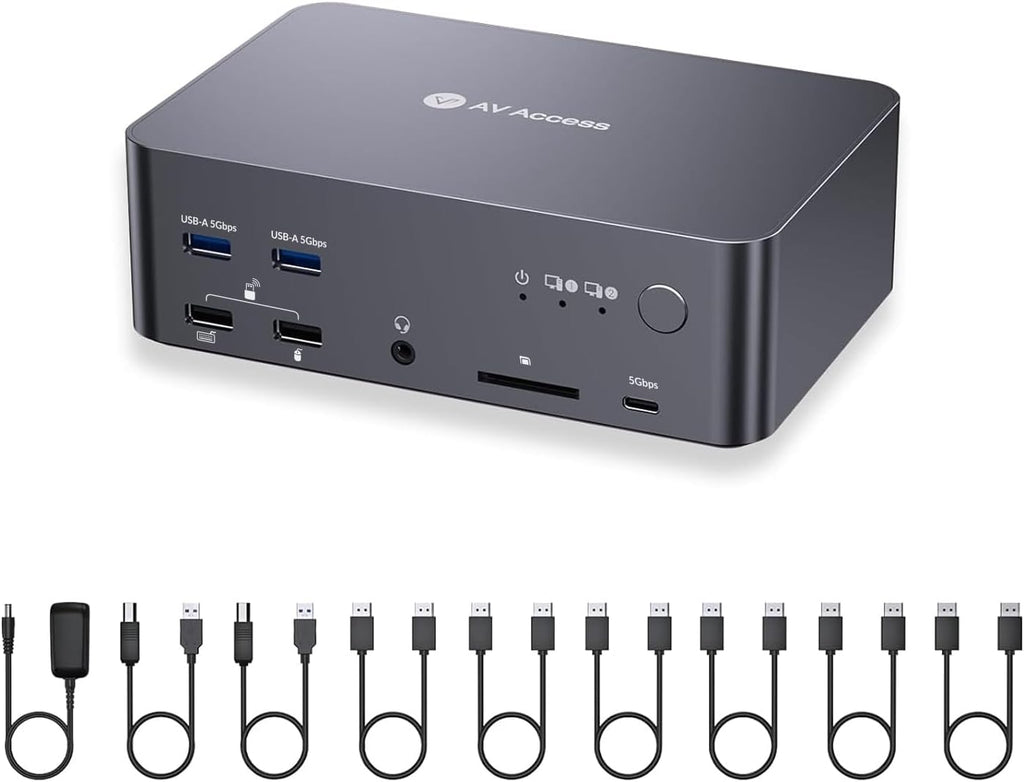 AV Access 8K DisplayPort KVM Docking Station 3 Monitors 2 PCs, with 6 DP Cables, 3xUSB 3.0 Hub, GbE, 8K@60Hz 4K@165Hz KVM Switch Triple Monitors 2 Desktops, SD, Audio, All-Aluminum, for HP, Dell