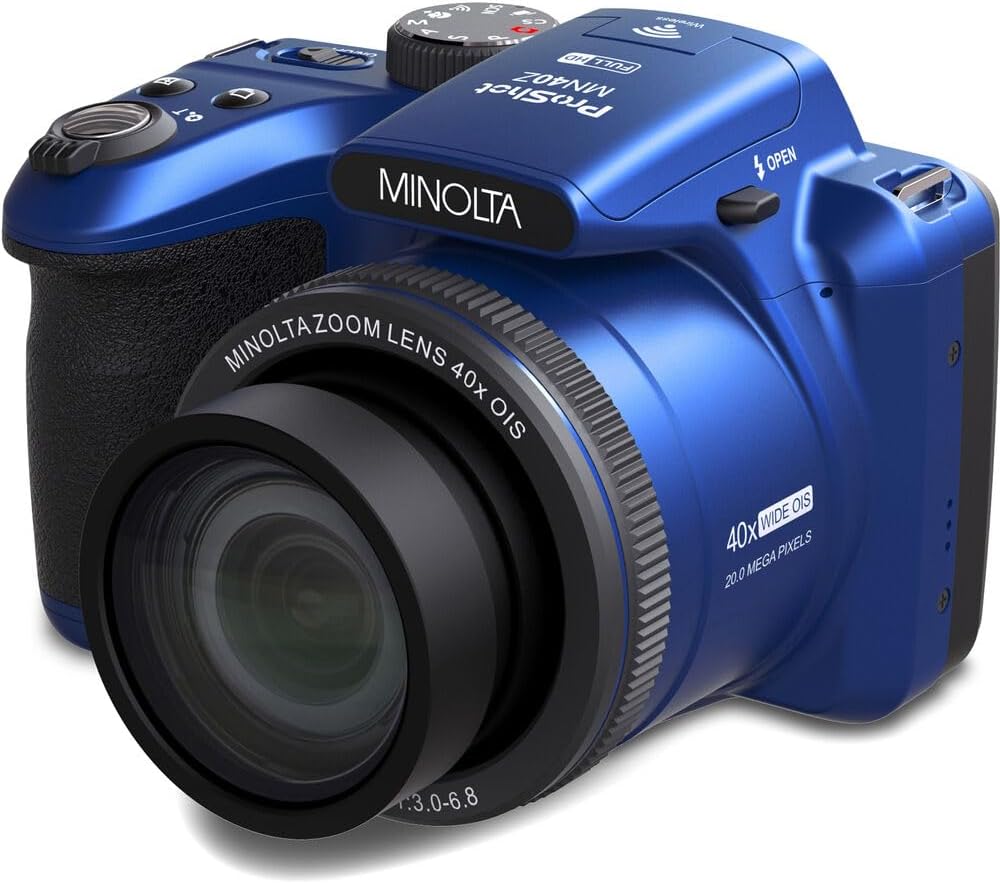 MINOLTA MN40Z 20 Mega Pixels 40x Optical Zoom Digital Camera with 1080p FHD Video (Blue) Bundle with 64GB Memory Card + Vlogging Tripod + More Accessories