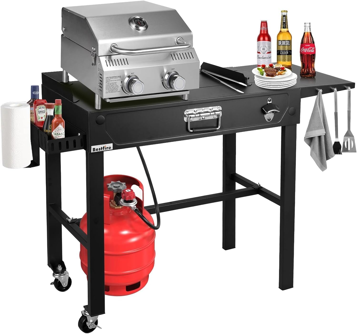 Llamaviva 2-Burner Tabletop Gas Grill with Outdoor Table, Portable Stainless Steel Cooking Station with Storage Shelves, Hooks, and Locking Wheels for Tailgating, Camping & Backyard BBQ