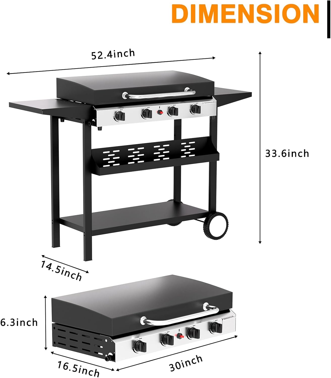 4 Burner BBQ Gas Griddle with Hood, 30 Inch Stainless Steel Portable Detachable Propane Griddle, 60,000 BTU Flat Top Grill with Side Shelves for Camping Tailgating, Silver