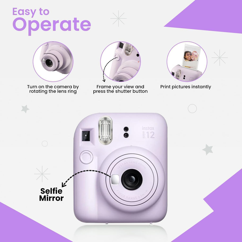 FUJIFILM INSTAX Mini 12 Holiday Bundle 2025 | with Extra Instax Mini Film + 4 Pk AA Batteries & Sunshine Photo Microfiber Cleaning Cloth (10 Items) (20 Sheets, Lilac Purple)