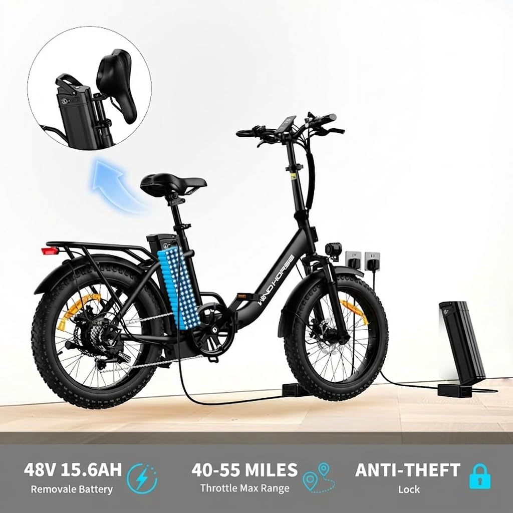 WINDHORSE 20' Folding Electric Bike, 983W Peak Motor, 20MPH, 40–70 Miles, 48V 748.8Wh Removable UL Battery, Front Suspension, Fat Tire E-Bike for Commuting, Beach, All -Terrain | Adults & Teens