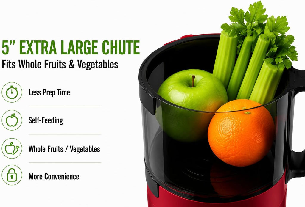 Zulay Kitchen Juicer Machine with 5' Wide Feed Chute, Cold Press Slow Masticating Juicer for Whole Fruits & Vegetables, Easy to Clean Stainless Steel Blades, High Juice Yield - Red