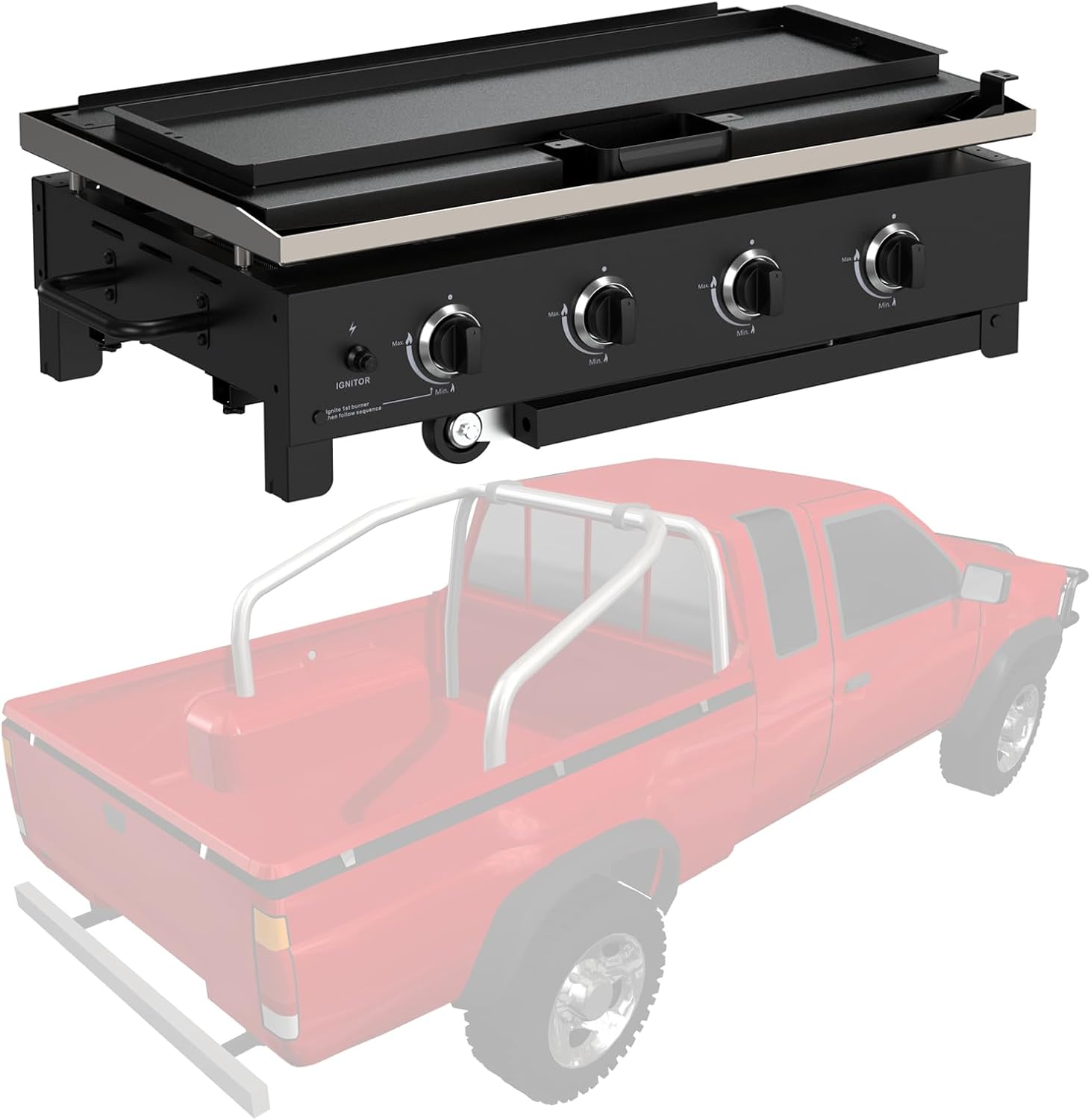 BBQCuker 4-Burner Propane Gas Griddle, 60,000 BTU Flat Top Grill with Removable Side Tables, Bottom Tray and Foldable Legs, 766 sq. in. Cooking Area, Portable Outdoor Griddle for Camping, BBQ (BLACK)