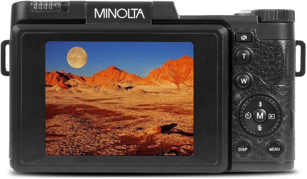 Minolta 30MP Digital Camera – 2.7K Ultra HD Video, 3-inch 180° LCD Screen, Face Detection, Anti-Shake, 9 Scene Modes, Photo Burst, Panorama, CMOS Sensor, 32GB Card (Black)