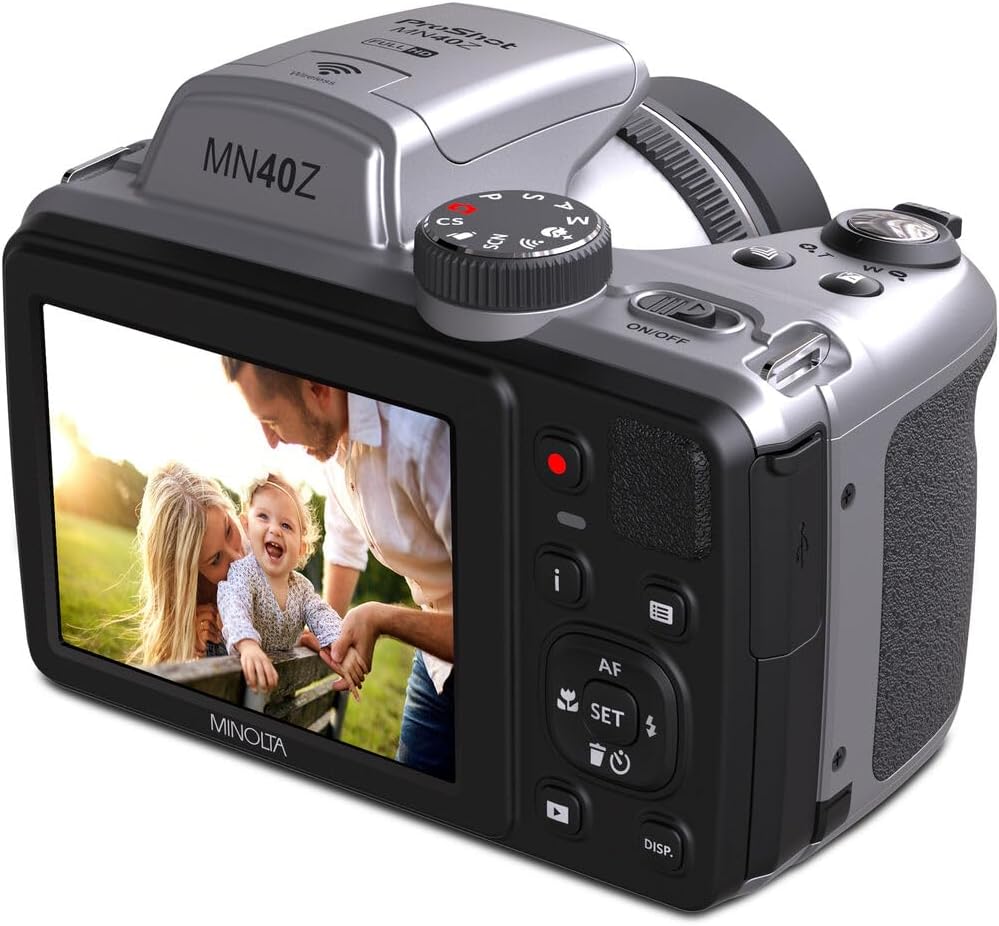 MINOLTA MN40Z 20 Mega Pixels 40x Optical Zoom Digital Camera with 1080p FHD Video, Silver, Bundle with 64GB Memory Card + Vlog Tripod + 4xAA Battery with Charger + Accessories