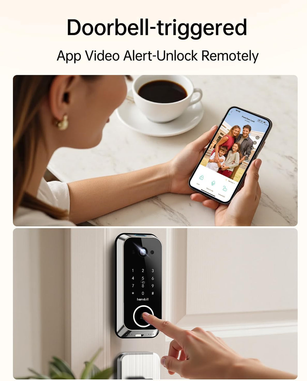 Hornbill Video Smart Lock with Camera: 10-in-1 Ring+2K Camera+Doorbell+Fingerprint Keyless Entry Door Lock, Built-in WiFi Deadbolt(only 2.4G), Two-Way Audio/App Remote Control/PIR, Satin Nickel