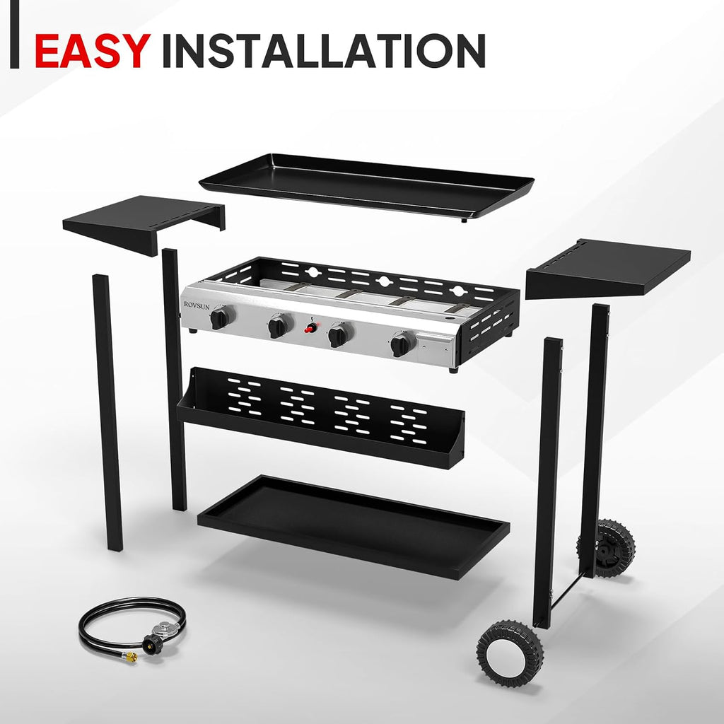 ROVSUN 4 Burner Portable Propane Griddle with Electronic Ignition, 40,000 BTU Rolling Flat Top Gas Grill with Nonstick Enameled Tray, Side Shelf & Regulator for Outdoor Cooking Camping BBQ Tailgating