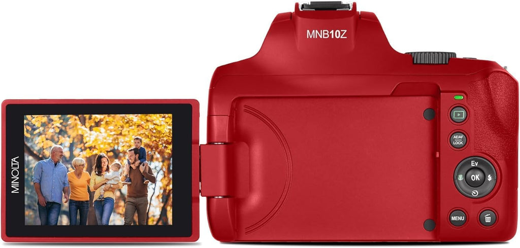 Minolta 64 Mega Pixels Auto Focus Digital Camera with 10x Optical Zoom, 4K Ultra HD Video and Macro Shooting, Bundle with 32 GB Memory Card + Vlogging Tripod + Cleaning kit + More Accessories - Red