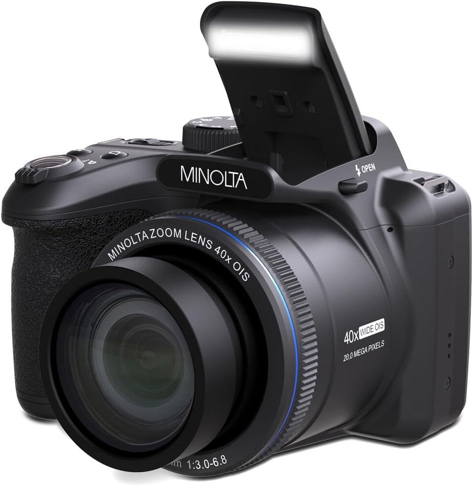 MINOLTA MN40Z 20 Mega Pixels 40x Optical Zoom Digital Camera with 1080p FHD Video, Black, Bundle with 64GB Memory Card + Vlog Tripod + 4xAA Battery with Charger + Accessories