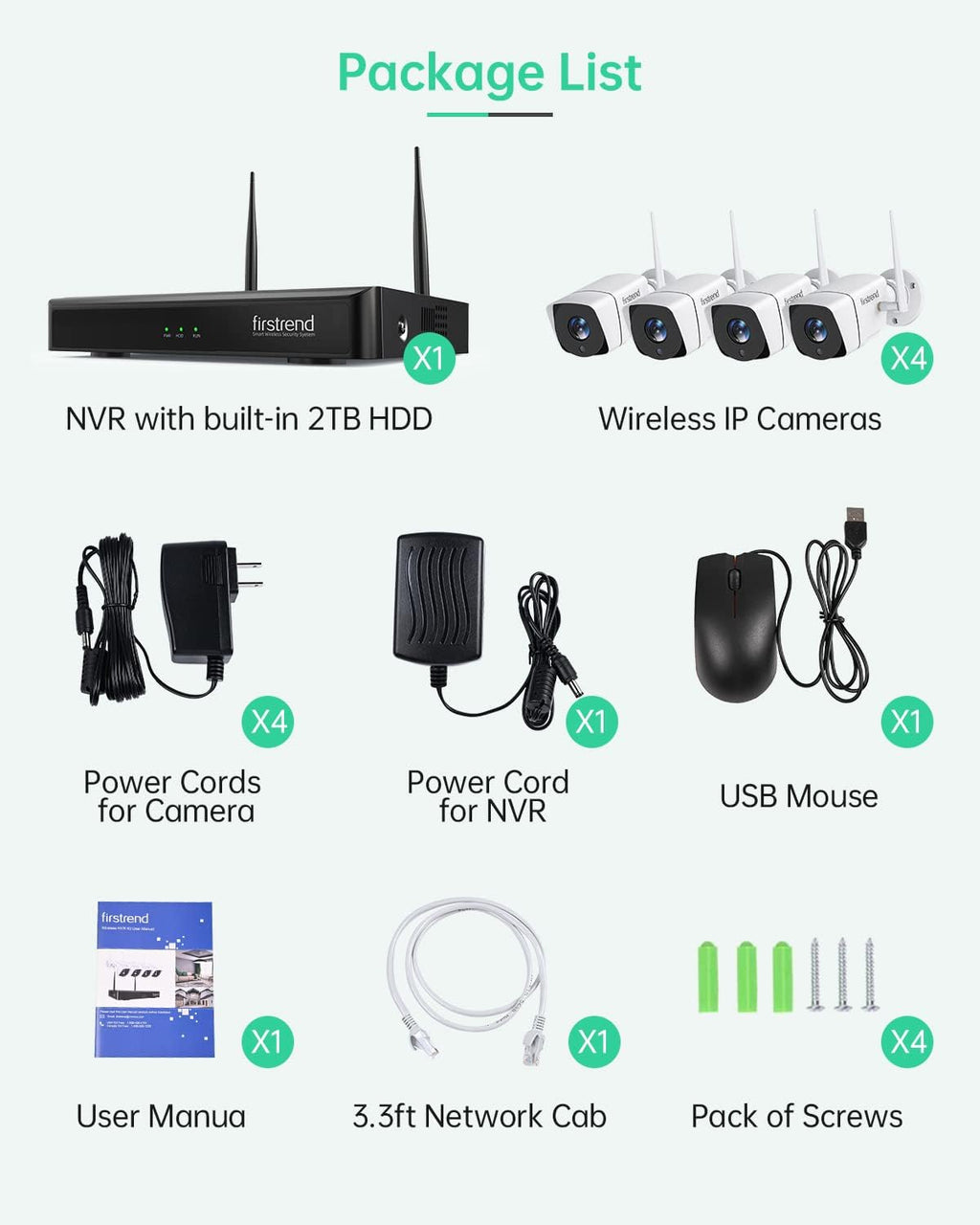 Wireless Security Camera System,Firstrend 5MP Security System Wireless with 4 CCTV Cameras Ultra HD Two Way Audio 8CH NVR 2TB Hard Drive Night Vision Motion Alarm APP for Home Indoor Outdoor