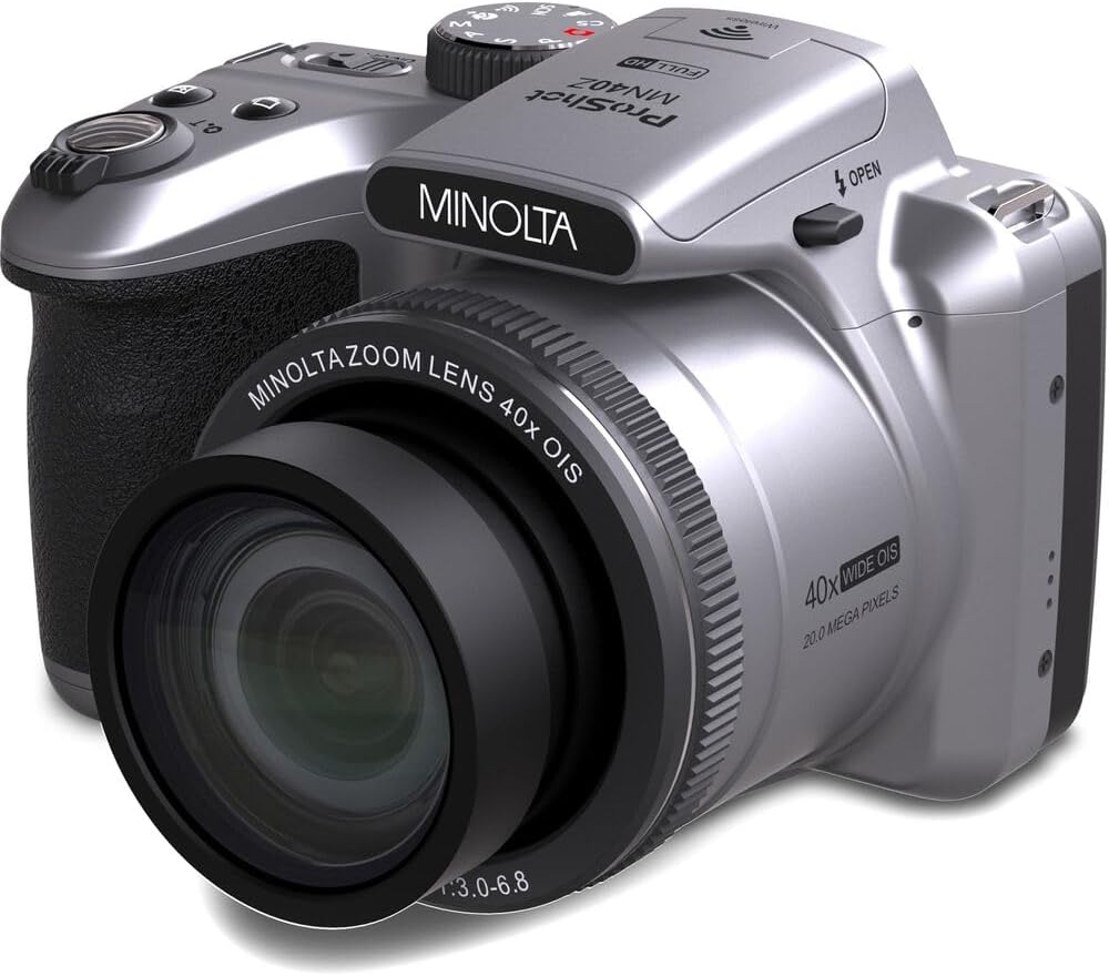 MINOLTA MN40Z 20 Mega Pixels 40x Optical Zoom Digital Camera with 1080p FHD Video, Silver, Bundle with 64GB Memory Card + Vlog Tripod + 4xAA Battery with Charger + Accessories