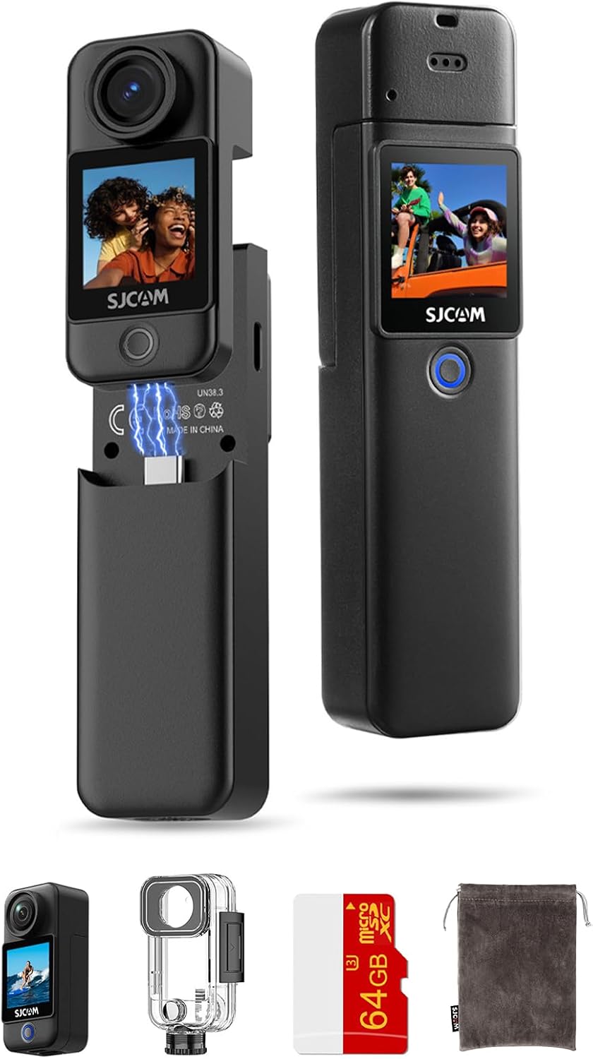 SJCAM C300 4K Action Camera,64GB Magnetic Body Cam & Handheld Detachable Design, Vlogs for Content Creators YouTube Streaming,7Hour Power,Stabilization,Waterproof,Black