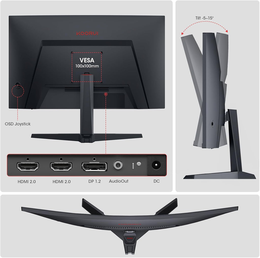KOORUI 27 Inch Curved Gaming Monitor, Full HD 1080p 1500R 180Hz Computer Monitor, 99% sRGB, Adaptive Sync, Display Port 1.2x1 & HDMI 2.0x2, Eye Care, VESA Compatible, Black 27E6CA