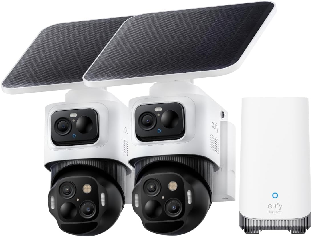 eufy Security eufyCam S4 2-Cam Kit,4K Solar Camera Wireless Outdoor, 3-Lens Bullet-PTZ Cam, 360°View Cross-Cam Track, Al Recognition, 8X 2oom, Color Night Vision, 0 Monthly Fee, Expandable up to 16TB
