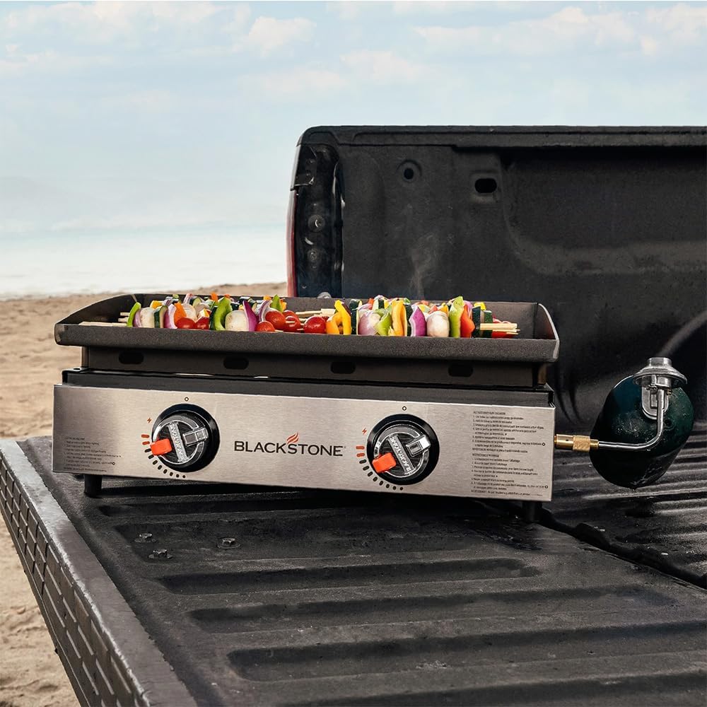 Blackstone 22' Omnivore Tabletop Outdoor Griddle Travel Bundle - Dual Stainless Steel H-Burners, 24,000 BTUs - Includes Propane Adapter and Soft Cover