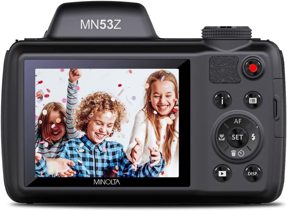 MINOLTA MN53Z 16 MP / 1080P FHD Bridge Digital Camera w/53x Optical Zoom (Black) Bundle with 32GB Memory Card + Camara Bag + Cleaning Kit + Vlogging Tripod + Accessories