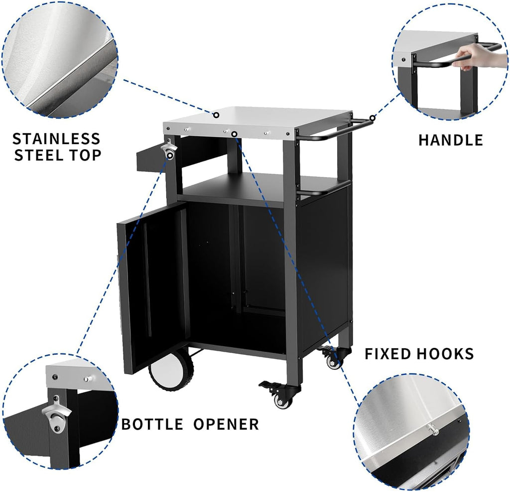 Outdoor Grill Cart with Storage, Stainless Steel Top, Movable Patio Kitchen Island, Rolling BBQ Cart, Dining Serving Cart for Family Party, Food and Others Prep Station, Black