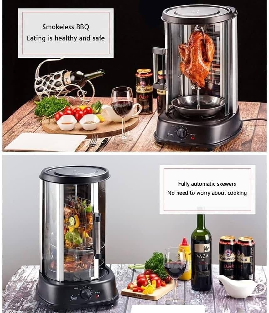 Electric Rotating Vertical Rotisserie Grill,1380W Electric Shawarma Smokeless 360° Rotary Barbecue Machine with 3-Grills,60 Min Timer,Sliding Glass Door,Auto Shut-Off