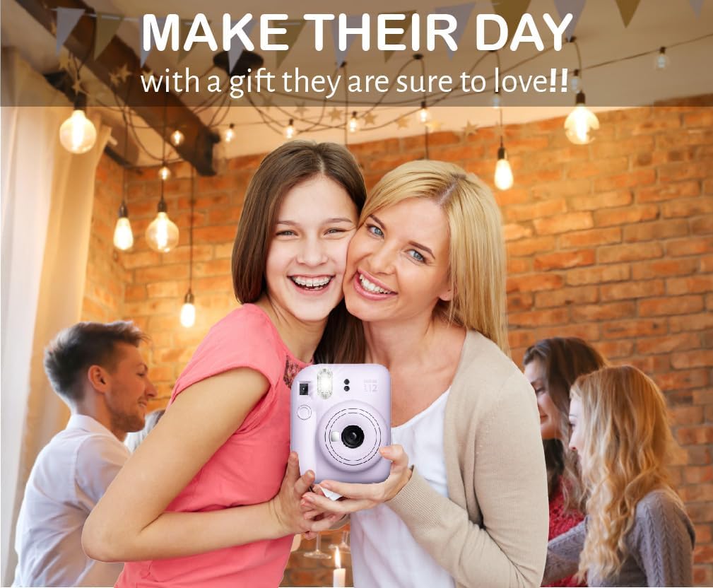 Fujifilm Instax Mini 12 Instant Film Camera Lilac Purple, Fujifilm Instax Mini Twin Pack Instant Film 20 Sheets, Case, Accessory Bundle