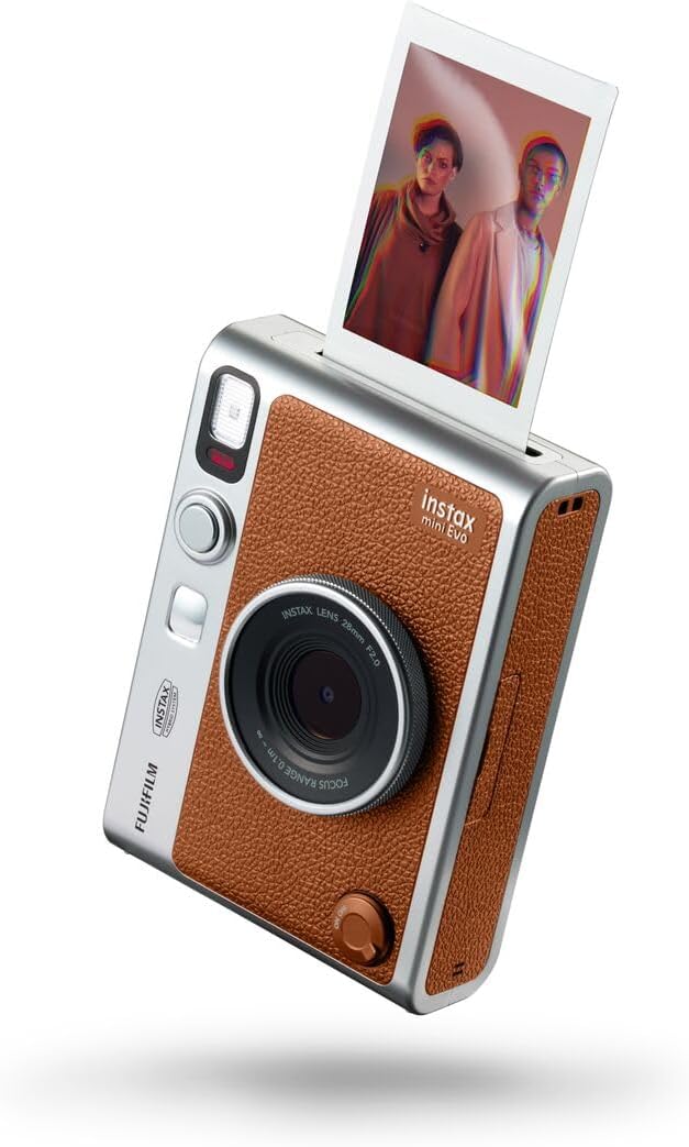Fujifilm Instax Mini EVO Hybrid Brown Instant Camera | Instax Mini Twin Pack Instant Film | 32GB microSD Card with Adapter | Brown Camera Case