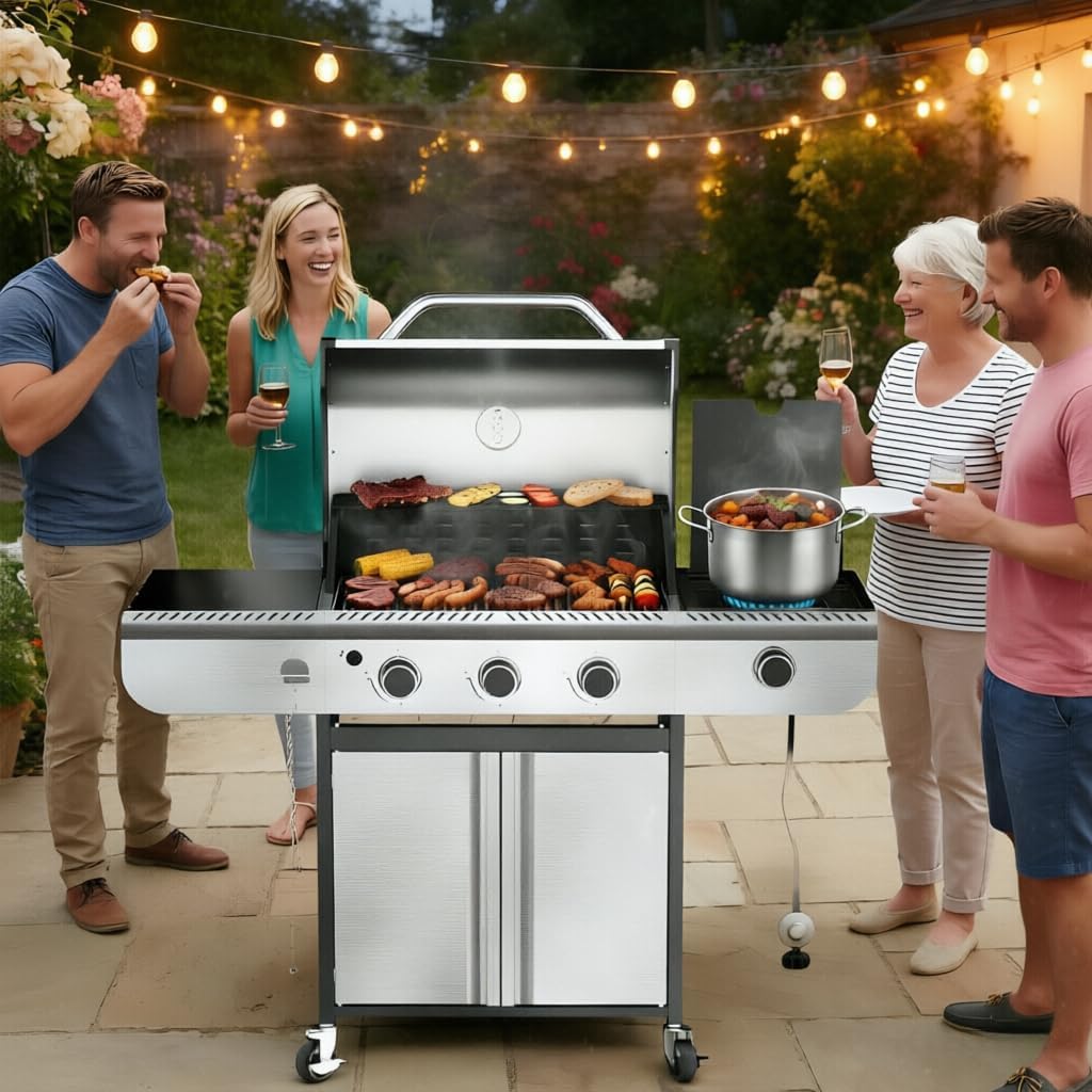 3-Burner Propane Gas Grill with Side Burner, 34,000 BTU Stainless Steel BBQ Grill – Heavy-Duty Porcelain-Enameled Grates for Patio and Outdoor Cooking
