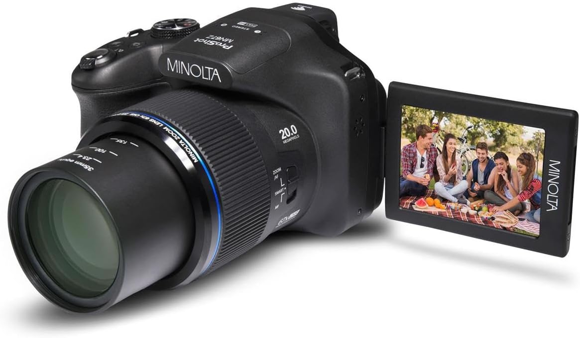 Minolta Pro Shot 20MP Digital Camera – 67x Optical Zoom, Full 1080p HD Video, Optical Image Stabilization, Wi-Fi, 3-inch Articulating LCD Screen, 27 Scene Modes – Includes 16GB SD Card (Black)