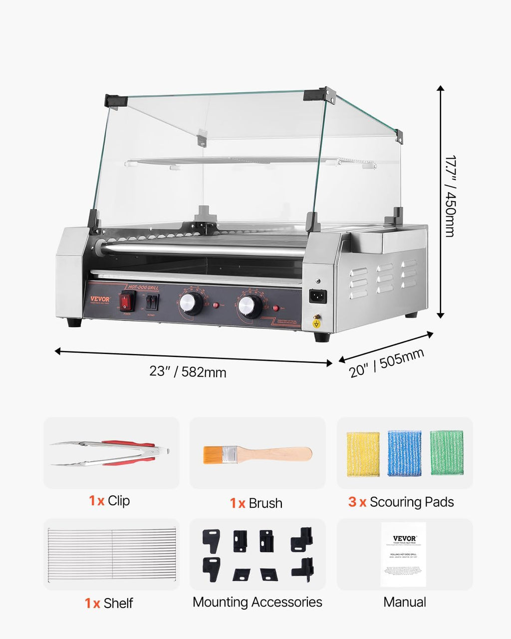VEVOR Hot Dog Roller, 30 Hot Dog 11 Rollers, Stainless Steel Sausage Grill Cooker, 1600W Commercial Hot Dog Machine with Dual Temp Control, Cover, Side Storage Box, Removable Shelf & Oil Drip Tray
