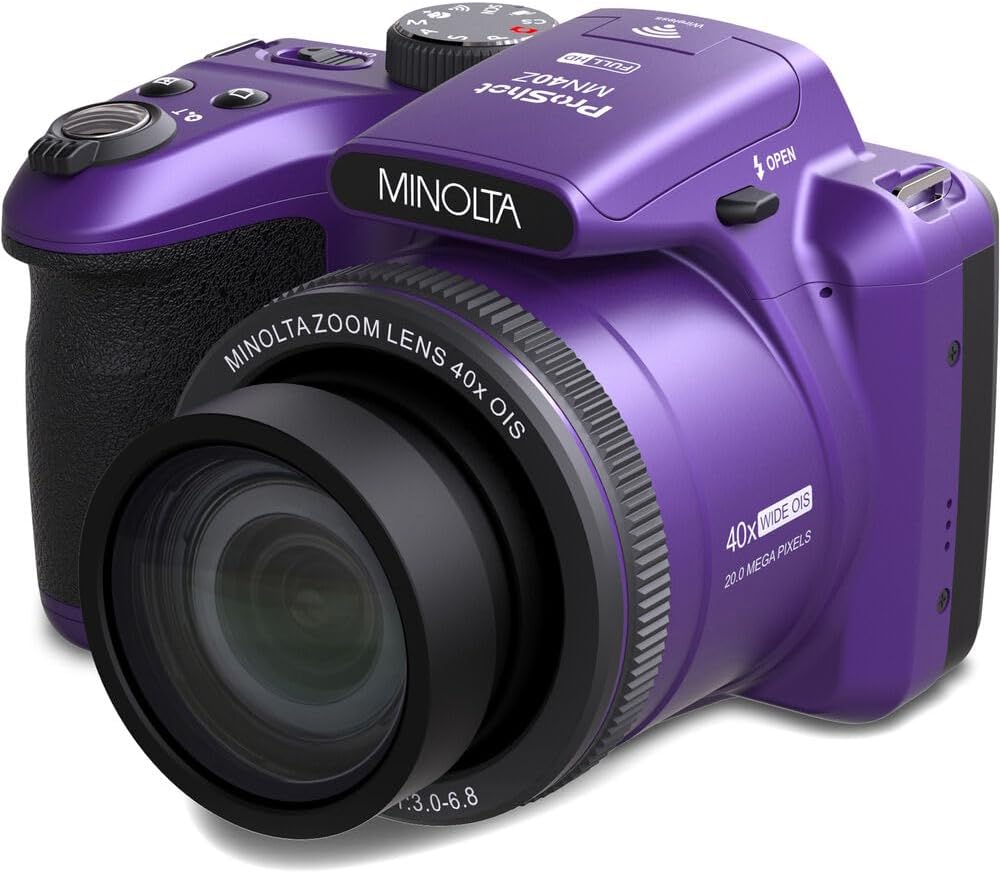 MINOLTA MN40Z 20 Mega Pixels 40x Optical Zoom Digital Camera with 1080p FHD Video (Purple) Bundle with 64GB Memory Card + Vlog Tripod + 4xAA Battery with Charger + Accessories